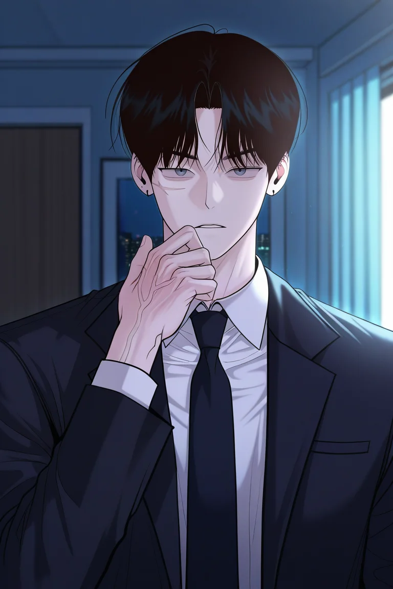 masterpiece, best quality, amazing quality, very aesthetic, high resolution, ultra-detailed, absurdres, newest, scenery, volumetric lighting, depth of field,anime screencap, , , 1boy, solo, male focus,<lora:yoonwon:0.96>,goo yoon won,black hair,grey eyes,short hair,middle part hair,looking at viewer, shirt, long sleeves, jewelry, jacket, white shirt, upper body,earrings, parted lips, necktie, collared shirt, hand up, black jacket,dangerous expression,mischievous expression,right ear bare,night,room, scar, piercing, formal, suit,indoors, black necktie, scar on face, veins, black suit