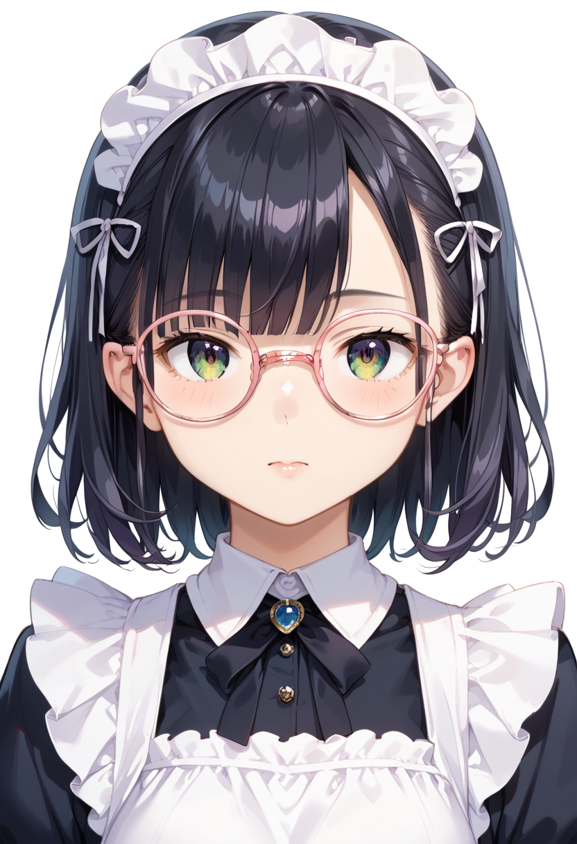 score_9, score_8_up, score_7_up, rating_safe, masterpiece, best quality, absurdres, unity 8k wallpaper, official art, official style, source_anime, uncensored, game cg, megami magazine,
1girl, solo, black hair, medium hair, upper body, covered eyes,maid, maid headdress, black dress, maid apron, face focus,
round_glasses22A, glasses, still life, white background, simple background, pink-framed eyewear,
 <lora:glasses_Round_PONY_V1:1>