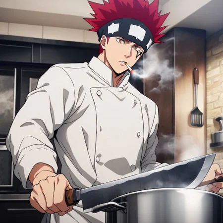 masterpiece, best quality, amazing quality, absurdres, newest, detailed background, definition so sharp, Ultra-HD, 8K cinematic, very awa, impressionate, amazing quality, highres, 
solo, male focus, manly, 
1boy, d0tb_red hair, d0tb_brown eyes, d0tb, spiked hair, facial tattoo, headband, smoking, smoke,
cooking, holding knife, determined expression, steam, kitchen, vibrant colors, chef's uniform, hot-blooded, energetic, playful, cool, focused, sparkling eyes,
