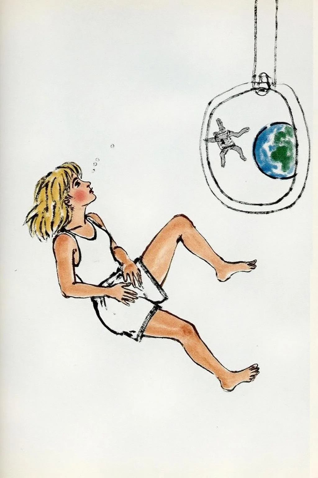 qbs1 ink wash minimalist painting.
Profile view of a blonde, floating weightless, space station. She is wearing tank top, short shorts and barefoot, and looking outside towards earth. She is melancholic, and is thinking of her family back on earth.  <lora:qbs1_cap_d6a3e12:1.0><lora:818433957298316910:0>