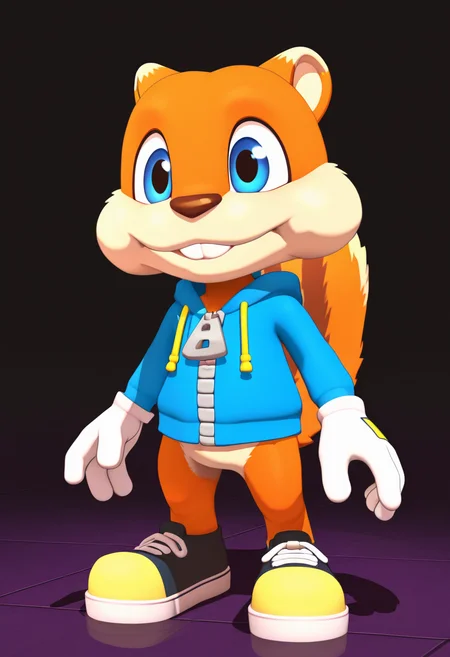 best quality, masterpiece, absurdres, newest, (official style:1.1), cartoon coloring, 3d, solo,
 <lora:Conker_The_Squirrel_-_Rare_Games:0.8> 1boy, c0nk3r, male focus, squirrel, masculine, cute, anthro, orange fur, black animal nose, furry male, buck teeth, squirrel tail, bushy tail, blue eyes, blue hoodie, front zipper, shoes, white gloves