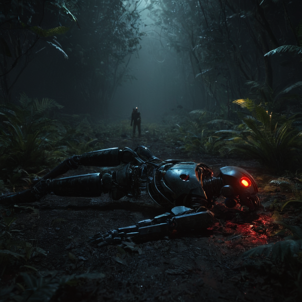 professional 3d model of  <lora:LoDe+Ro style:1>
a dead animal laying on the ground in a forest,1girl,outdoors,night,bug,dark,LoDe+Robots Style,Love Death + Robots style,Love,Death & Robots style,animated,horror,dark,black,apocalyptic,dystopian,domination,human arm on ground,human hand on ground,bloody hand,bloody arm,jungle,forest,dark,night , dramatic light, cyberpunk, LoDe+Ro style, octane render, highly detailed, volumetric, dramatic lighting