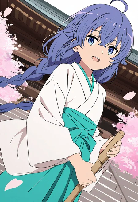 masterpiece, best quality, newest, absurdres, highres, detailed eyes, beautiful, detailed background, perfect eyes, anime coloring, 1girl, solo, roxy migurdia, blue hair, long hair, low twintails, hair between eyes, ahoge, blue eyes, BREAK miko, japanese clothes, hakama, long sleeves, wide sleeves, kosode, aqua hakama, looking at viewer, smile, open mouth, holding broom, dutch angle, cowboy shot, (outdoors, japanese temple, east asian arquitecture, wind, floating hair, cherry blossoms, petals), <lora:roxy_mskt_xl:0.8>