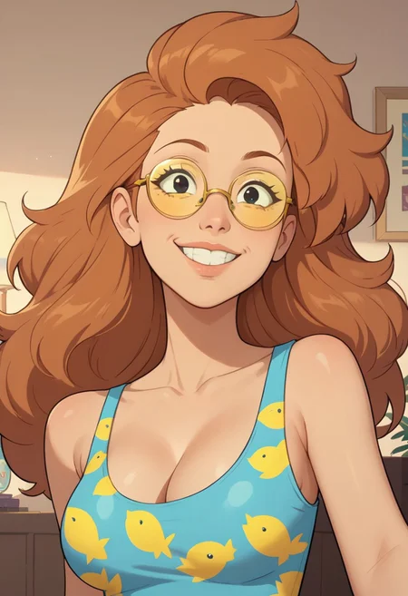 ((bedroom background)),score_9, score_8_up, score_7_up,score_6_up,
1girl, Solo, MarthaBarriga_SU, light skin, black eyes, orange brown hair, voluminous long hair, glasses with yellow-tinted lenses, light turquoise dress with yellow fish print, long purple socks, light blue sandals, big eyes, social smile, big eyes, sexy face, close-up, face photo, perfect eyes, perfect smile, looking at the viewer, big breasts