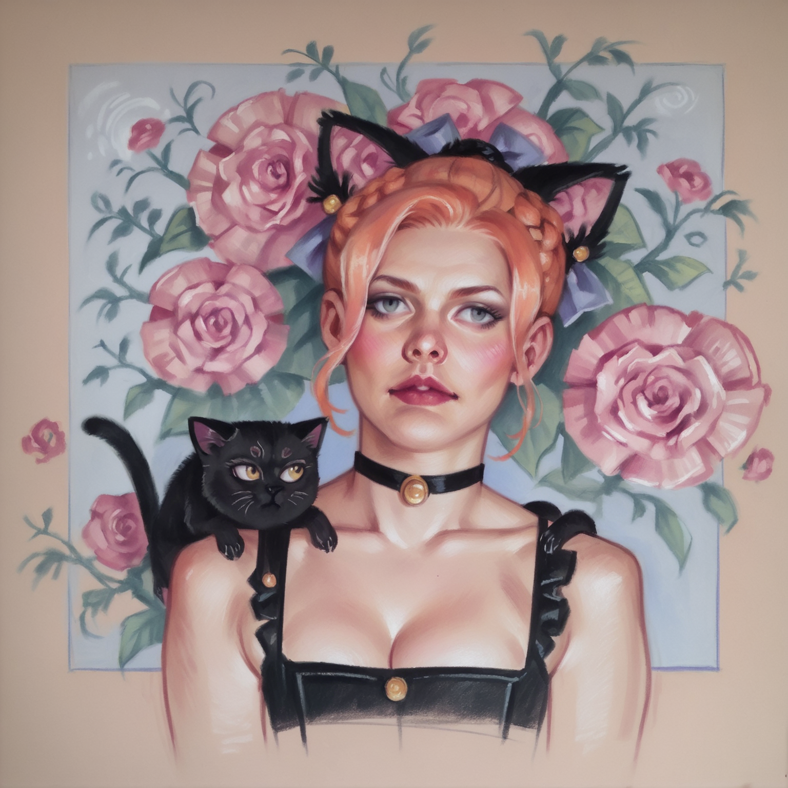 score_9, score_8_up, score_7_up, score_6_up, score_5_up, score_4_up, hud_knetts_styl,  traditional media, pastel (medium), <lora:knettellS-000009:0.7>, black cat in a garden