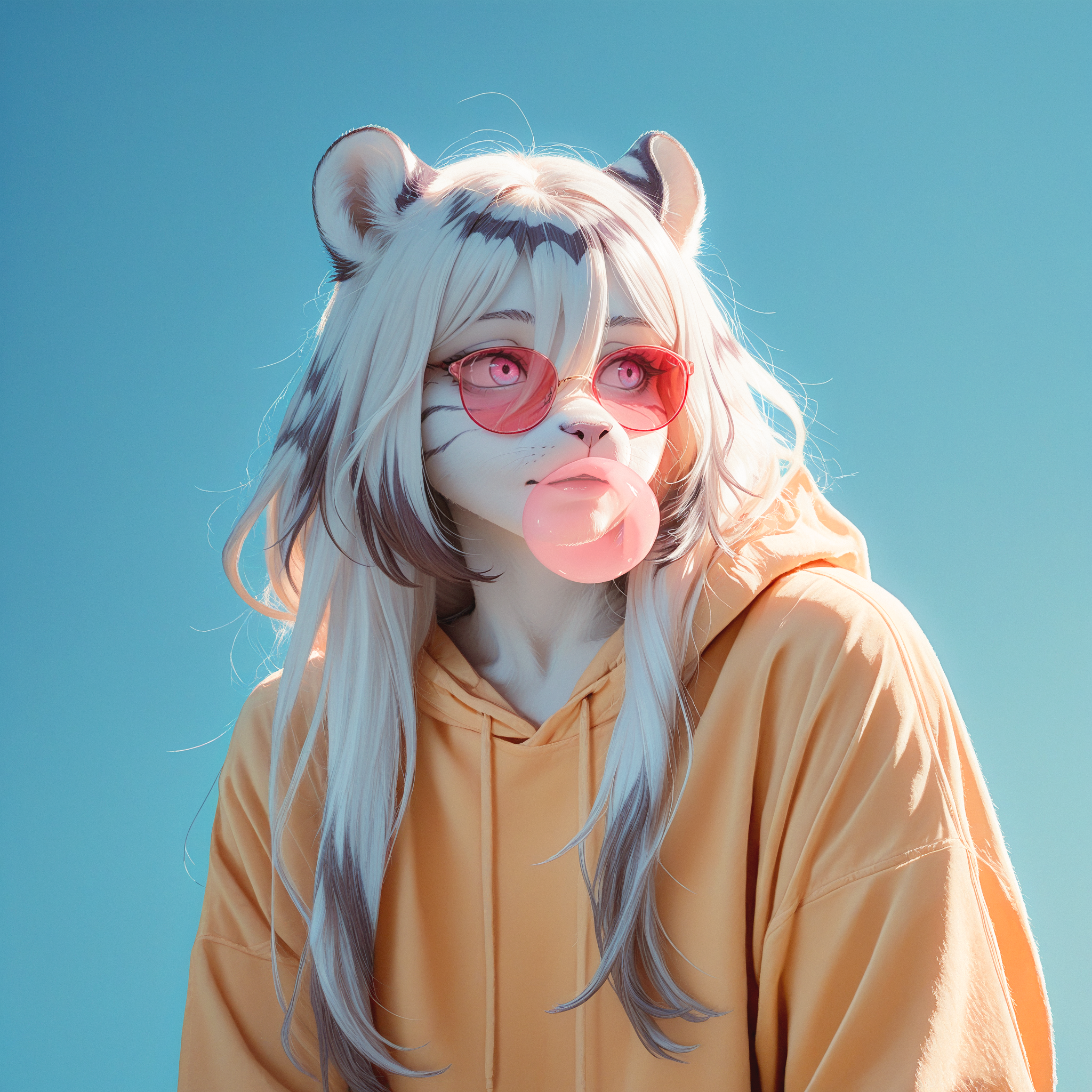 (masterpiece, best quality), amazing quality, very aesthetic, absurdres, highres, best anatomy, 2024, newest, HDR, 8K, high detail RAW color art, pop art, anime-reference, anime coloring, gobo lighting, bright blue background, hannah, white hair, white fur, striped hair, pink eyes with blue highlights, round eyewear, red sunglasses, yellow hoodie, playful, bubble gum, blowing bubble, dynamic angle, <lora:Hannah_Mahjong_Soul_Illustrious_v02:0.9>, <GOBOLightingILL:0.9>, <spo_sdxl_10ep_4k-data_lora_webui:0.6>
