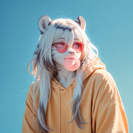 (masterpiece, best quality), amazing quality, very aesthetic, absurdres, highres, best anatomy, 2024, newest, HDR, 8K, high detail RAW color art, pop art, anime-reference, anime coloring, gobo lighting, bright blue background, hannah, white hair, white fur, striped hair, pink eyes with blue highlights, round eyewear, red sunglasses, yellow hoodie, playful, bubble gum, blowing bubble, dynamic angle, <lora:Hannah_Mahjong_Soul_Illustrious_v02:0.9>, <GOBOLightingILL:0.9>, <spo_sdxl_10ep_4k-data_lora_webui:0.6>