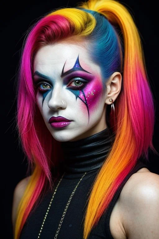 clown makeup in style of Conrad Roset,l in space, stars hotography byJocelyn Hobbie and Charles Dwyer RAW photograph explosion byJocelyn Hobbie and Charles Dwyer, ,(abstract textured background:1.2), ,(skin texture),masterpiece, top quality, best quality, official art,highest detailed,,atmospheric lighting, cinematic composition,complex multiple subjects, 4k HDRvaporwave style , , cyberpunk, vibrant, neon colors, , highly detailed,,,Leica Q2 with Summilux 35mm f/1.2 ASPH,,clear face, Ultra High Resolution, wallpaper, 8K,Rich texture details, hyper detailed, detailed eyes, detailed background, dramatic angle, epic composition, SimplepositiveXLv1 (masterpiece, high quality, ), (close-up portrait:1.0), , model photoshoot, , a stylish girl,