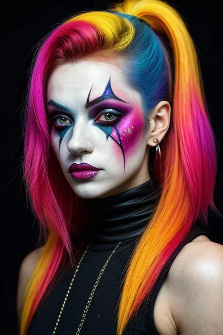 clown makeup in style of Conrad Roset,l in space, stars hotography byJocelyn Hobbie and Charles Dwyer RAW photograph explosion byJocelyn Hobbie and Charles Dwyer, ,(abstract textured background:1.2), ,(skin texture),masterpiece, top quality, best quality, official art,highest detailed,,atmospheric lighting, cinematic composition,complex multiple subjects, 4k HDRvaporwave style , , cyberpunk, vibrant, neon colors, , highly detailed,,,Leica Q2 with Summilux 35mm f/1.2 ASPH,,clear face, Ultra High Resolution, wallpaper, 8K,Rich texture details, hyper detailed, detailed eyes, detailed background, dramatic angle, epic composition, SimplepositiveXLv1 (masterpiece, high quality, ), (close-up portrait:1.0), , model photoshoot, , a stylish girl,