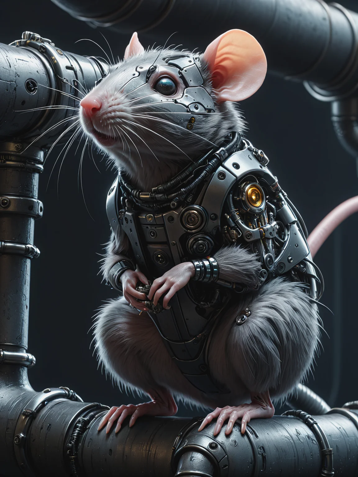 cyberanimals rat on a pipe , cyberpunk <lora:Neon_Cyberpunk_SDXL_Cyberanimals:0.6>, (masterpiece:1.2), best quality, (hyperdetailed, highest detailed:1.2), high resolution textures