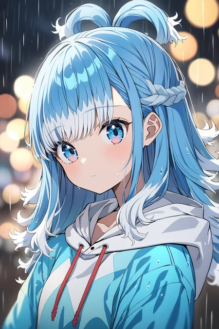 1girl, kobo kanaeru,
wavy hair, blue hair, blue eyes, hoodie, head tilt,
portrait, rain, night, blurry background, bokeh,
<lora:Anime_1000_LoRA_XL:0.5>