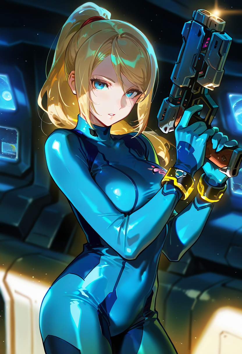 masterpiece, best quality, <lora:SSB4SamusIllust:0.9>, SSB4ZSS, blonde hair,blue eyes, ponytail, blue bodysuit, bracelet,  gun, weapon, parted lips, spacecraft interior, 1 girl, solo,  breasts  cowboy shot, looking at viewer,
