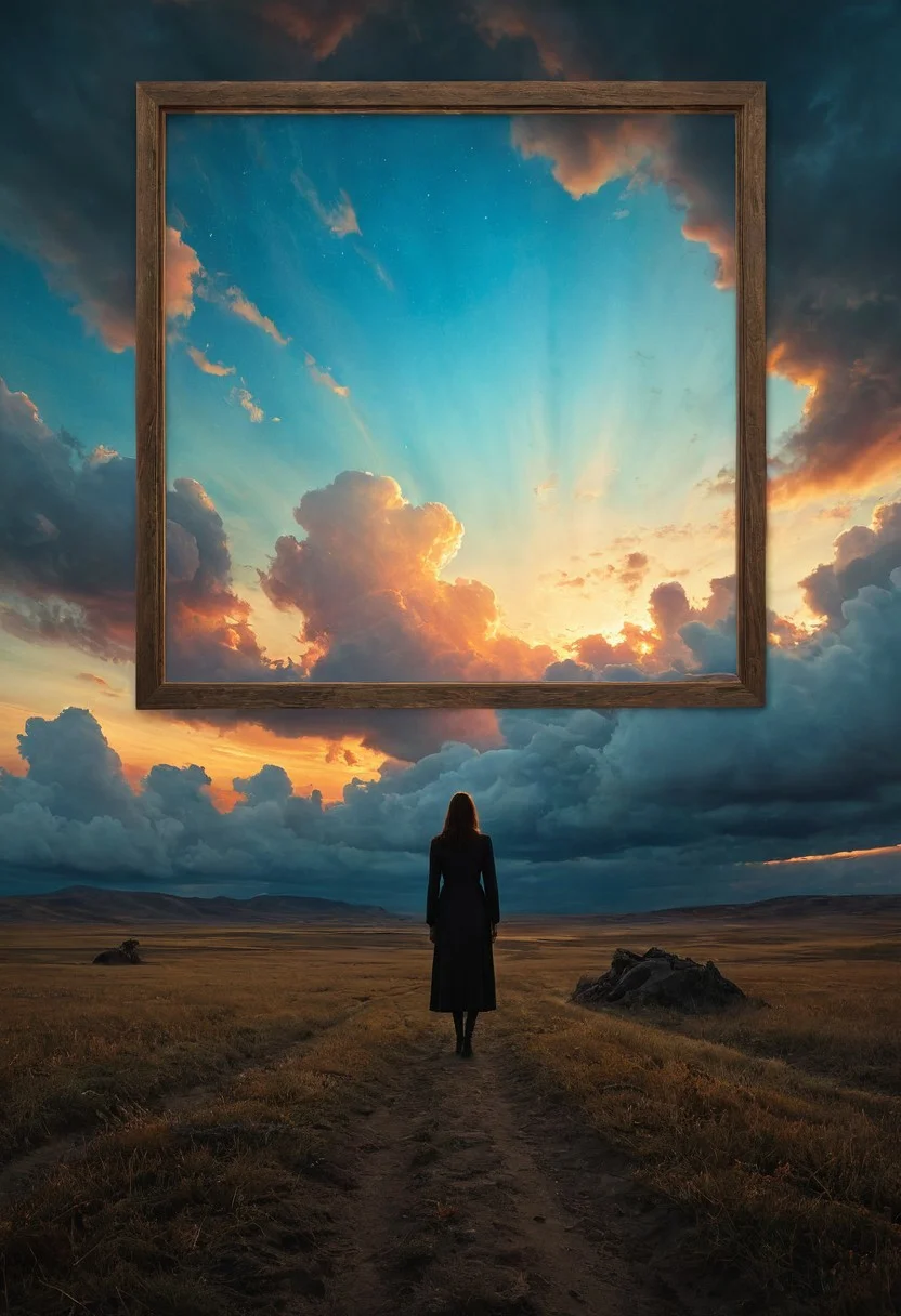 (art by Eduard Wilhelm Pose and Master of the Holy Blood and Ivan Bilibin:1.1)(oxygen-rich air and sheltered atmosphere,, aesthetic of hard - edge painting:0.1) (ingenious opus magnum by Michael Vincent Manalo and Elvira Vigna:1.2), (pastel oil painting:0.1)
"Surreal Sky Fragments": Square frames are scattered across a barren field, each one capturing a different fragment of the surreal sky above. The sky is filled with swirling clouds, vivid colors, and ethereal light, reminiscent of Beksinski's abstract paintings. A silhouette figure lies within each frame, their form blending with the surreal beauty of the sky. The post-processing enhances the dreamlike quality, adding a soft focus and a subtle glow to the ethereal light, creating a sense of otherworldly peace.