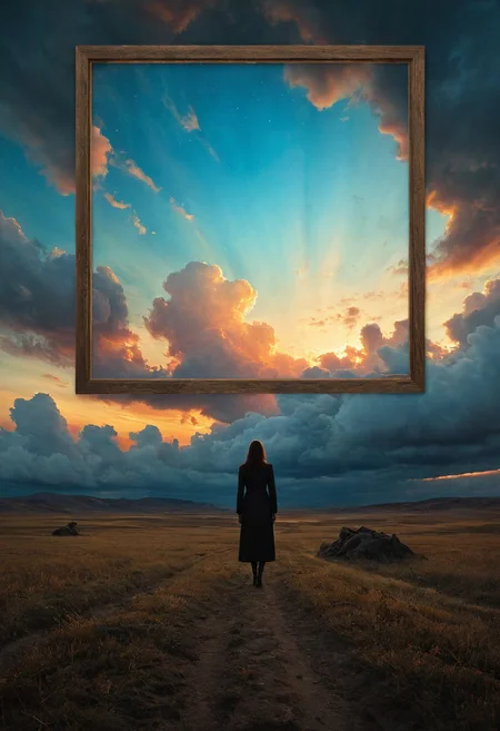 (art by Eduard Wilhelm Pose and Master of the Holy Blood and Ivan Bilibin:1.1)(oxygen-rich air and sheltered atmosphere,, aesthetic of hard - edge painting:0.1) (ingenious opus magnum by Michael Vincent Manalo and Elvira Vigna:1.2), (pastel oil painting:0.1)
"Surreal Sky Fragments": Square frames are scattered across a barren field, each one capturing a different fragment of the surreal sky above. The sky is filled with swirling clouds, vivid colors, and ethereal light, reminiscent of Beksinski's abstract paintings. A silhouette figure lies within each frame, their form blending with the surreal beauty of the sky. The post-processing enhances the dreamlike quality, adding a soft focus and a subtle glow to the ethereal light, creating a sense of otherworldly peace.