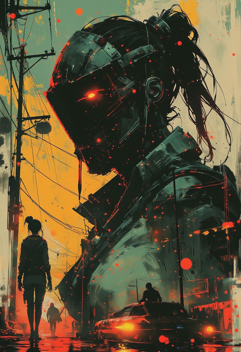 masterpiece, double exposure, silhouette of a cyberpunk robot samurai woman, robot face with mirrored face shield, hyperdetailed helmet, her body filled with a cyberpunk street scene of neon and bokeh, highest definition, HD32K, wallpaper, crisp lines, double exposure background, hyperdetailed, concept art