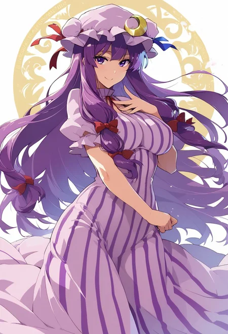 masterpiece, best quality, ultra-detailed, illustration,
score_9, score_8_up, score_8, medium breasts, (curvy), cute, eyelashes,
patchouli knowledge, 1girl, dress, (purple hair, purple eyes:1), long hair, mob cap, crescent hat ornament, ribbon, dress, vertical stripes, smile,
takeda hiromitsu style