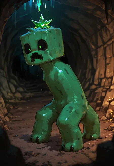 masterpiece, best quality, amazing quality, very aesthetic, absurdres, newest, , detailed background,
movie scene, cinematic scene, cinematic, foreground blur, depth of field,
crpr, no humans, full body, pokemon (creature), open mouth, green skin, black sclera, black mouth,
furry, fluff on head, side view, deep dark cave, glowing crystals,