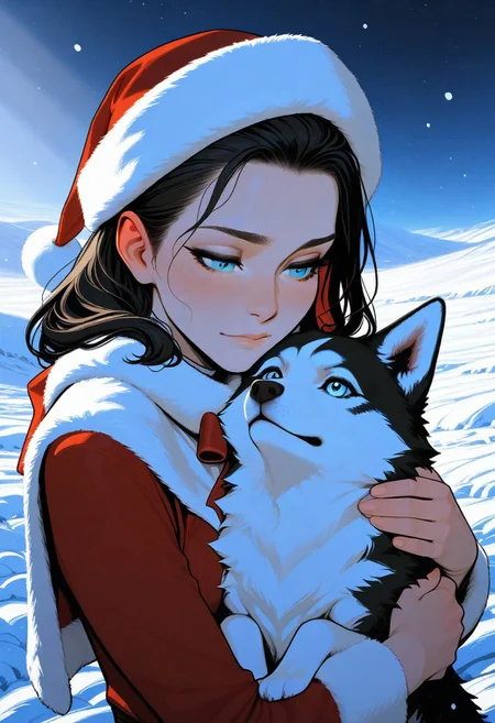 artist;incase, flat colors, high detailed, high quality, masterpiece, 1 girl, hugging pet husky, heroic fantasy, snow field, portrait, cute,
animal christmas, dynamic lighting,