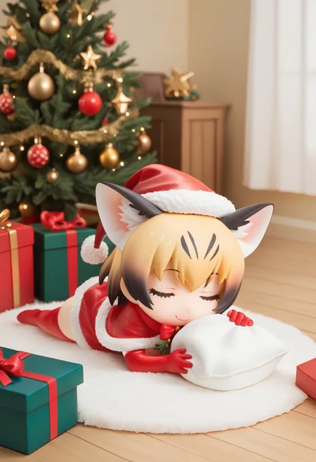 1girl, ((solo)), best quality, ultra-detailed, extremely detailed, perfect anatomy, masterpiece, score_9, score_8_up, score_7_up, Expressiveh, sand cat \(kemono friends\), 1girl, cat girl, cat ears, blonde hair, short hair, cat tail, christmas tree, christmas decoration, christmas ornaments, underneath Christmas tree background, indoors, santa cosplay, santa outfit, santa hat, santa's sack, Christmas outfit, giant sack of presents, fully clothed, Christmas themed thighhighs, thighhighs, elbow gloves, bowtie, santa's sack of presents, red ribbon collar, Christmas presents, Christmas themed, living room, fireplace, (chibi), cute, adorable, closed eyes, sleeping, smiling, laying on side, side view, tail_accessory, mistletoe_on_tail, mistletoe, closeup,