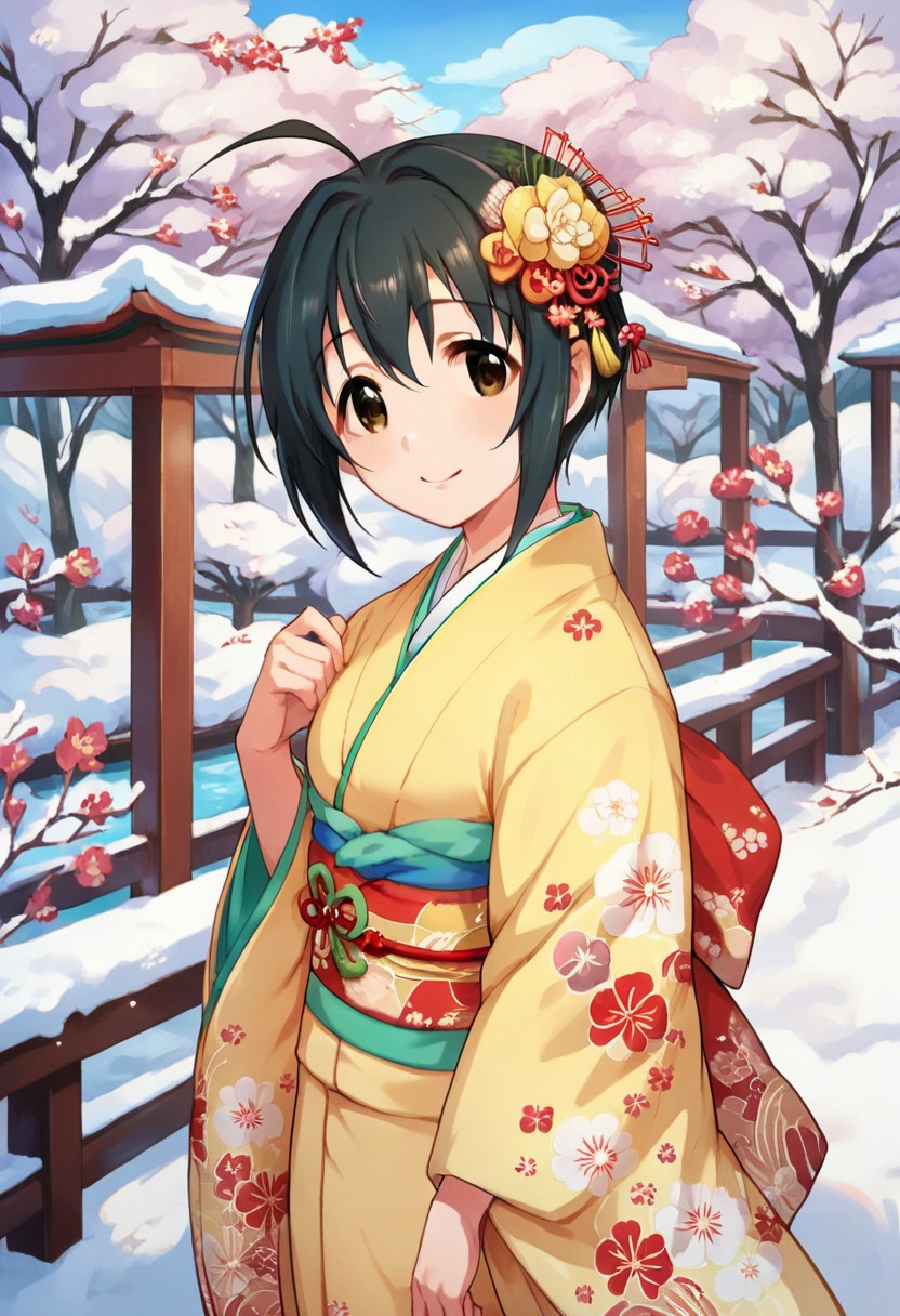 score_9, score_8_up, score_7_up, source_anime,kohinata miho, short hair, black hair, ahoge, brown eyes, 1girl, japanese clothes, solo, hair ornament, kimono, yellow kimono, smile, snow, cherry blossoms, hair flower