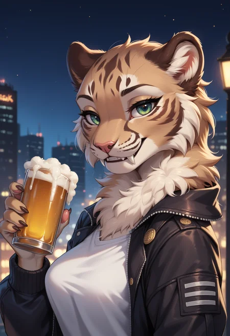 score_9, score_8_up, score_7_up, source_furry, high quality, perfection, detailed, aesthetic, well-lighted,
1girl, solo, upper body, face focus,
rural city, early spring, night, city lights, cityscape,
furry female, anthro, furred body, fluffy fur, beautiful girl, cute girl, adult, youthful, beautiful face,
(sabertooth:1.3), beige fur, spotted fur, medium breasts, (no hair, hairless, bald), (fangs:1.1), (fluffy neck tuft:1.3), (extra fluffy:1.3), (short tail:1.3), green eyes, good hands,
oversized bomber jacket, black sukajan jacket, flowers pattern, white shirt, (untucked shirt:1.2), skirt,
holding beer glass, half-closed eyes, toasting, looking at viewer, soft smile