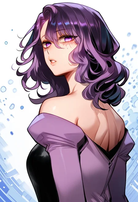 zPDXL3, score_9_up, score_8_up, score_7_up, (Anime_source), 1girl, GayeonSin, purple eyes, black-purple hair, medium hair, GayeonSin clothes, (looking back), upper body, looking at viewer, parted lips, white background, cinematic light, particles