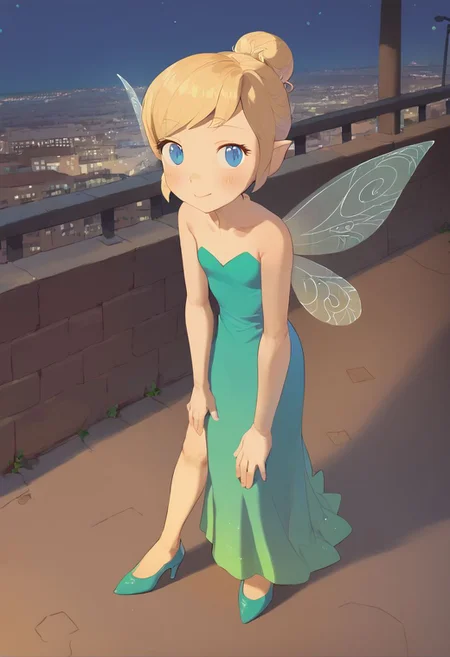 score_9, score_8_up, score_7_up, score_6_up, vivid, vivid colors, colorful, eye catching, rating_explicit, BREAK, cute girl, (adorable girlfriend) (sister), (flat chest), (long legs), (wide hips:0.5), hair bun, blue eyes, blonde hair color gradient, high heels, stilettos, high slit dress, black evening gown, sheer tights, outdoors, Manhattan, Greenwich Village, nighttime, at night, date with your beautiful girlfriend, loving, sweet, (smile:0.5), from above, Tinkerbell, Fairy wings