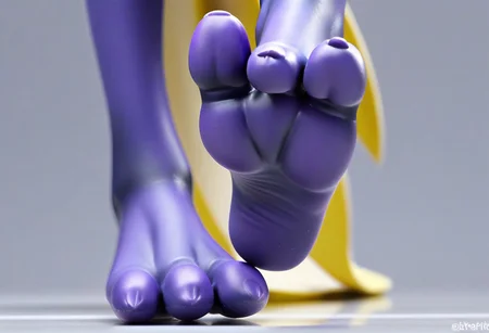 tox_lowkey, barefoot, purple feet, blue soles, 3 toes, standing, foot focus, close-up