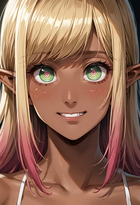 score_9, score_8_up, score_8, (source_anime:1.2), eyedetailxl, bettereyes, detailed_eyes, Makima\(Chainsawman\), BREAK, Makima:1.2, blush, perfect face, 1woman, 22 years old, (bright_pupils), (ringed eyes), blonde hair, gradient hair, dark skin, pointy ears, elf girl, highly detailed, dark-skinned_female, tanned skin, embarrassed, collarbone, bare shoulders, green eyes, close-up, focus on eyes, focus on face, (depth of field), shadows, dark background, eerie glow, smirk