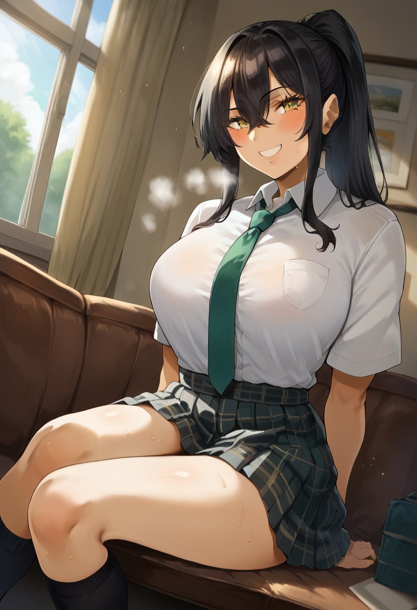 score_9,score_8_up,score_7_up,score_6_up,blurry, blurry background,1girl,breasts,black hair,skirt,solo,necktie,ponytail,yellow eyes,blush,plaid skirt,black socks, smile,long hair,looking at viewer,sweat,bangs,large breasts,socks,shirt green necktie,hair between eyes,school uniform,sexy thighs,posing,volumetric light,indoors,living room,cowboy shot, dutch angle