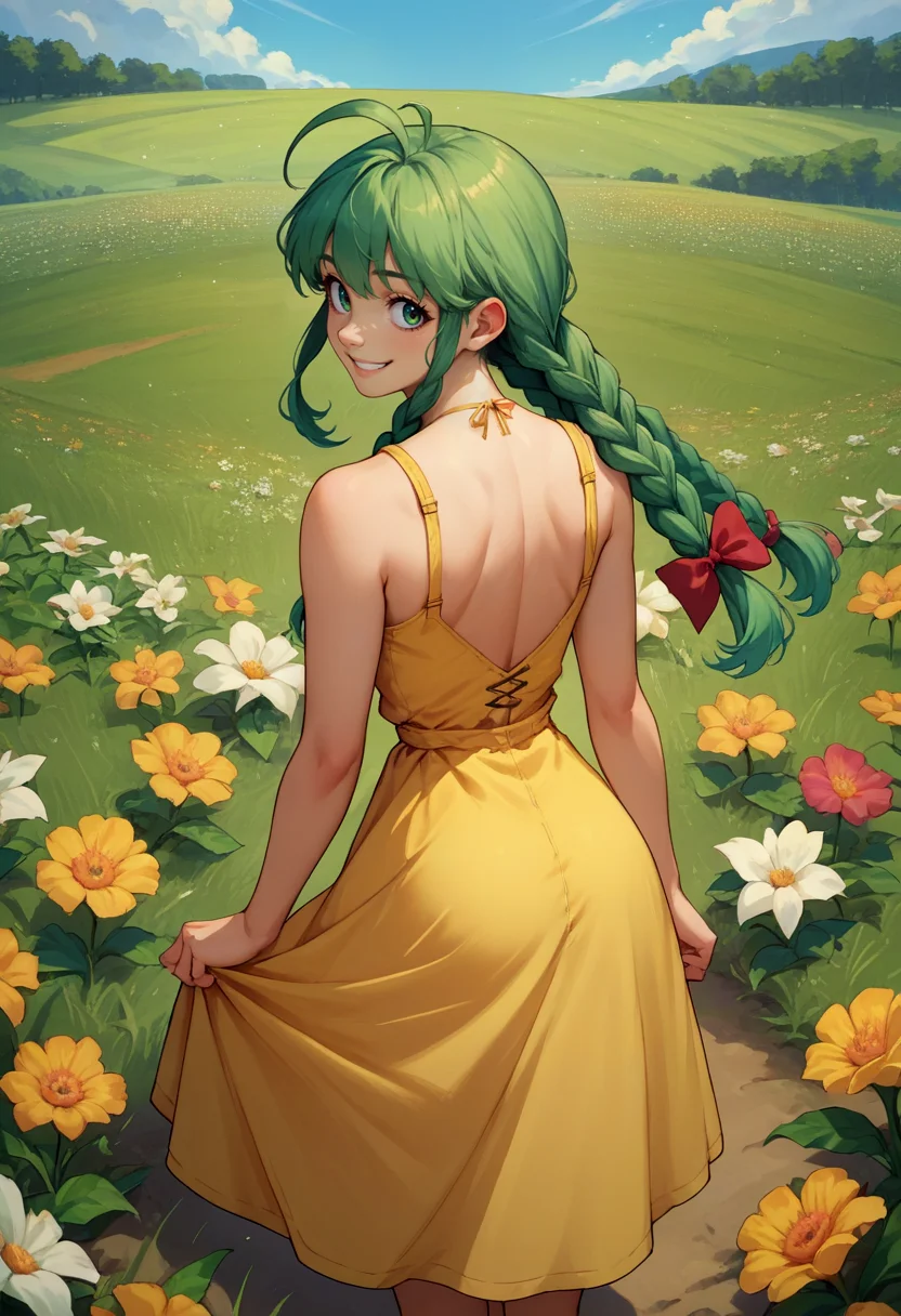 score_9, score_8_up, score_7_up, source_anime, from behind, solo, 1girl, me-tan, smile, looking back, ahoge, twin braids, yellow sundress, flower field <lora:os-tan_me-tan_xl_ponyXL:1>