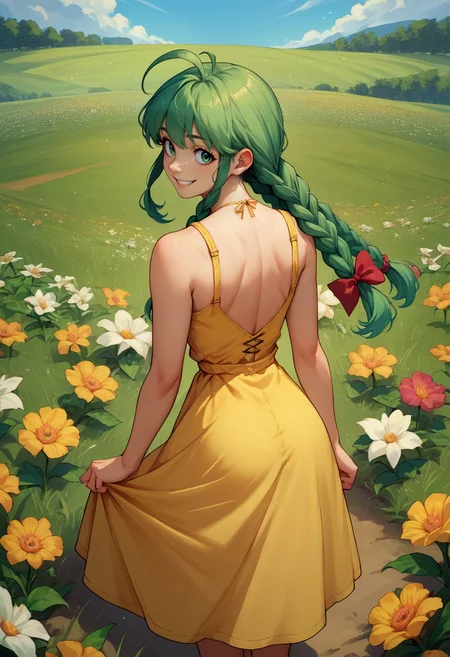 score_9, score_8_up, score_7_up, source_anime, from behind, solo, 1girl, me-tan, smile, looking back, ahoge, twin braids, yellow sundress, flower field <lora:os-tan_me-tan_xl_ponyXL:1>
