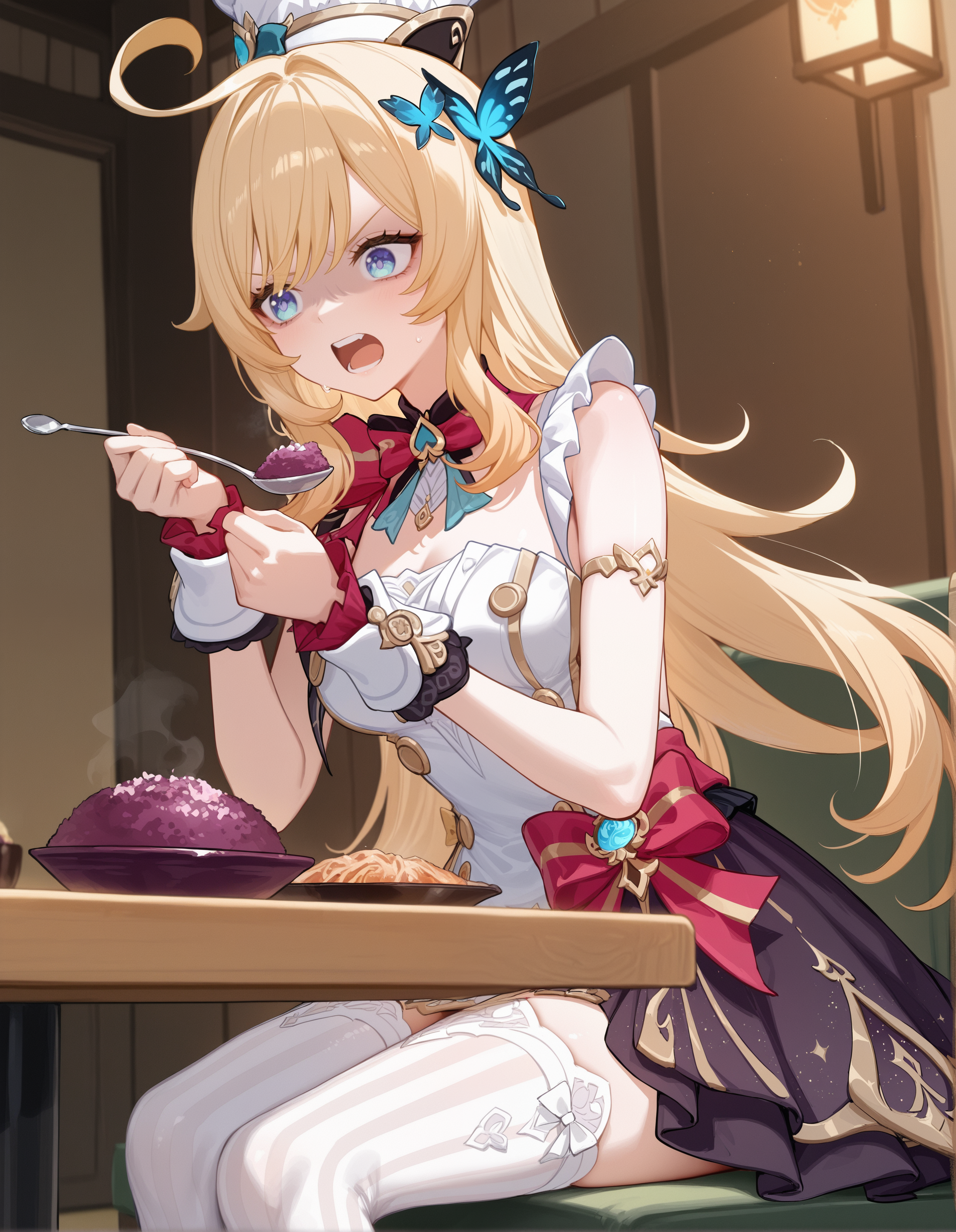 masterpiece, best quality, newest, highres, very aesthetic, more details, sensitive,
solo, 1girl\(Escoffier_(genshin_impact), blonde hair, blue eyes, hair ornament, ahoge, butterfly hair ornament, long hair, bangs, chef hat, white thighhighs, wrist cuffs, striped thighhighs, striped, white headwear, sleeveless, bow, skirt,
front view, looking away, open mouth, angry, scared face,holding spoon to eating, purple rice, terrible food, purple_food,\), 
BREAK
indoor, japanese restaurant,