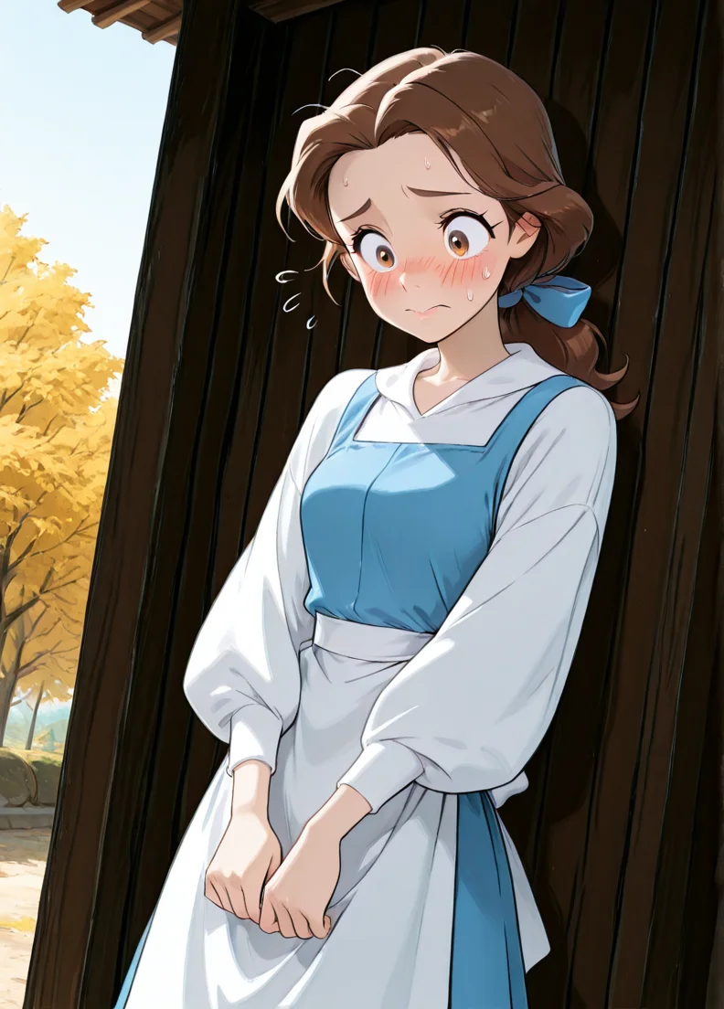 masterpiece, best quality, amazing quality, very aesthetic, absurdres, newest, 4k, 8k, dynamic angle, official style, sugimorixd, outdoors,
1girl, solo, blue dress, looking at viewer, long hair, brown hair, brown eyes, bellexd, low ponytail, white apron, long sleeves, blue hairbow,
flustered,
<lora:Expression_Detailer_Illustrious_Lora:1>, ,<lora:sugimoi:1> <lora:Bella:1>