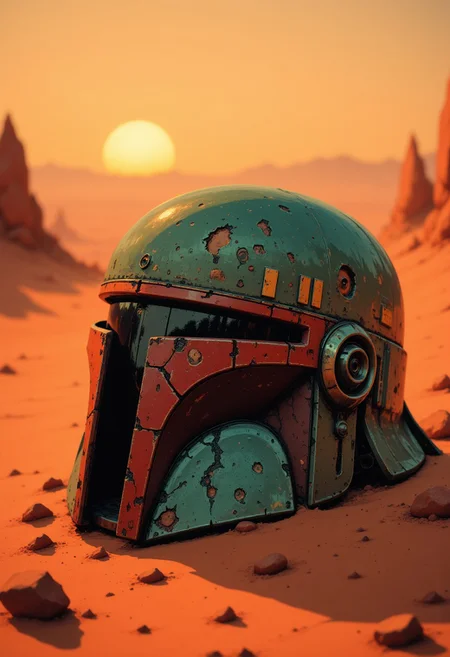 in the style of ckcc, (source: Star Wars) Boba Fett's helmet, battered, corroded and rusted, lying half-buried in the sands of an arid desert, sunset, directional lighting