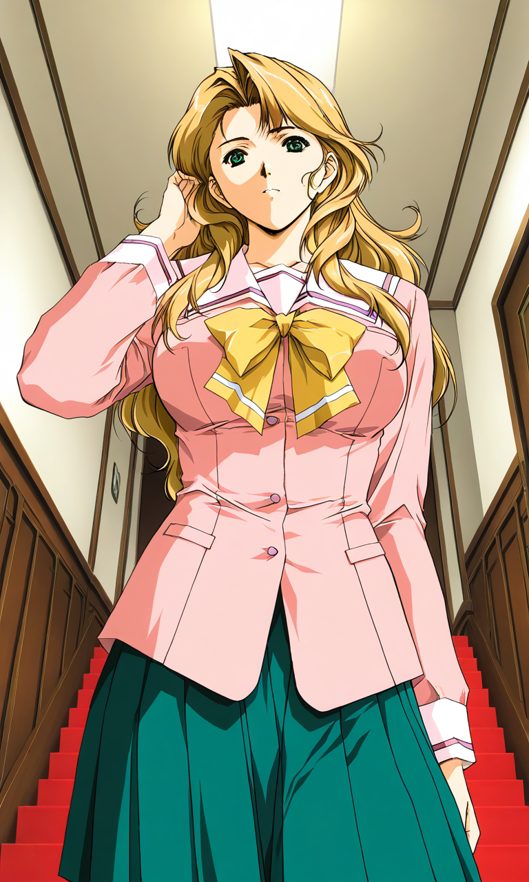 masterpiece, best quality, good quality, <lora:Maejima_Kaori_IS:1>  horibe hiderou style,
Maejima_Kaori, long hair, green eyes, blonde hair, large breasts, pink school uniform, green skirt, pleated skirt, pink serafuku, 
long sleeves, looking at viewer, Yellow bow, standing, looking at viewer, cowboy Shot, from below room, antique, red carpet,