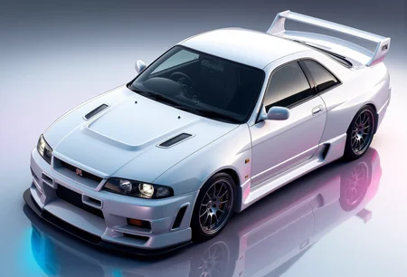 <lora:Nissan_Skyline_GT-R_R33:0.6> A isometric view of a flashy white modified Nissan Skyline GT-R R33 in all its shining glory. Mirror-like, glossy finish catches bright highlights. Vibrant colors.