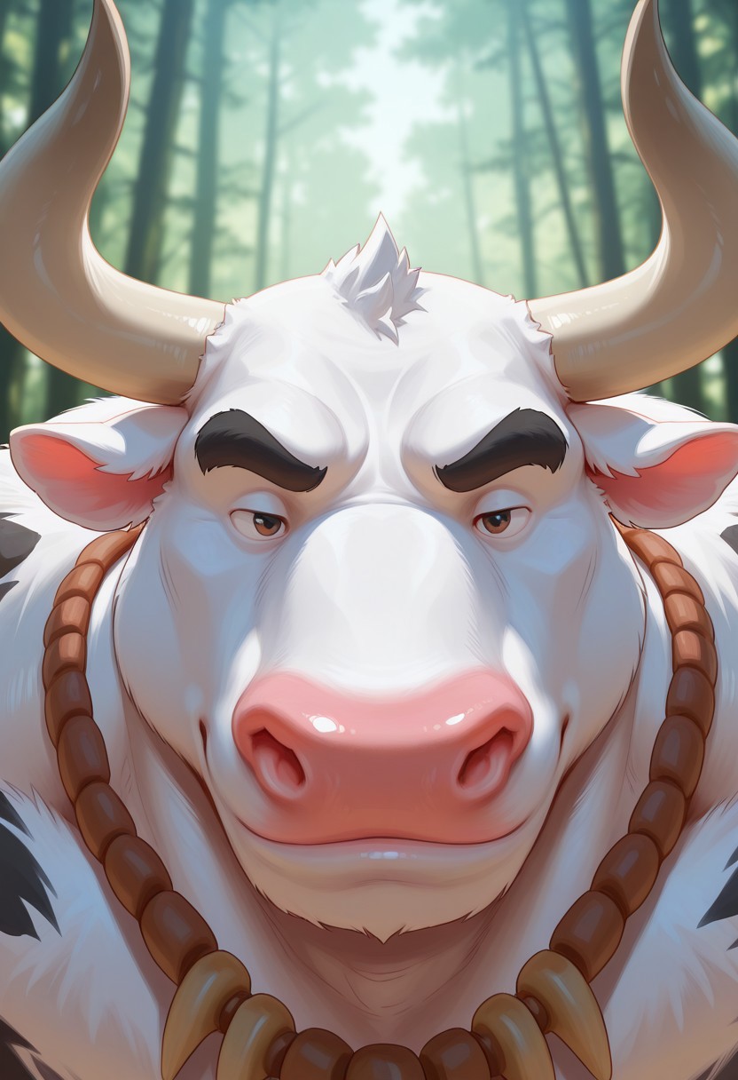 score_9,score_8_up,score_7_up,score_6_up , 2024, masterpiece, best quality, amazing quality, mascular, 20r0j_2
BREAK 
1boy, cow, Anthro cow, White skin, tribal clothes, mascular
BREAK
face focus, face close up, detailed eyes, forest background,