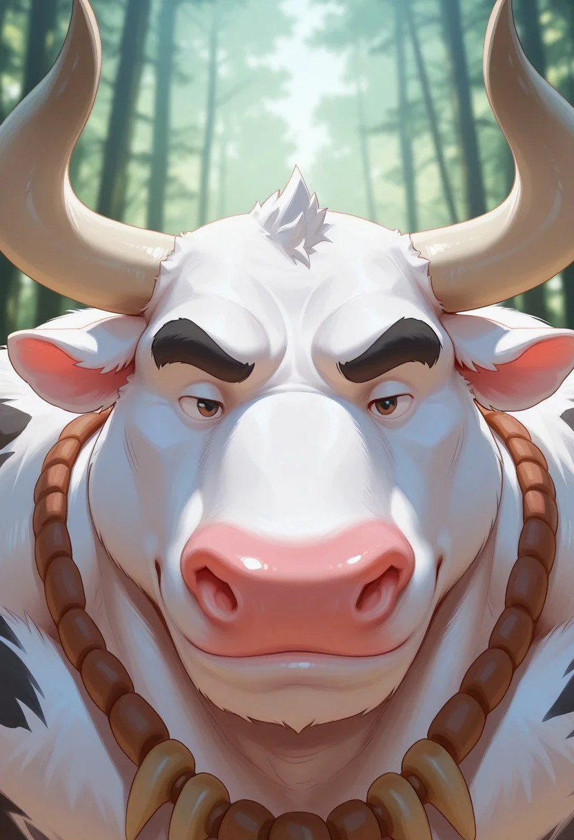 score_9,score_8_up,score_7_up,score_6_up , 2024, masterpiece, best quality, amazing quality, mascular, 20r0j_2
BREAK
1boy, cow, Anthro cow, White skin, tribal clothes, mascular
BREAK
face focus, face close up, detailed eyes, forest background,