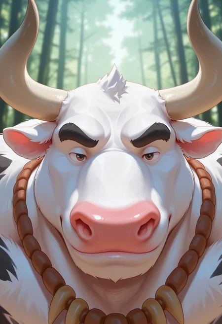 score_9,score_8_up,score_7_up,score_6_up , 2024, masterpiece, best quality, amazing quality, mascular, 20r0j_2
BREAK 
1boy, cow, Anthro cow, White skin, tribal clothes, mascular
BREAK
face focus, face close up, detailed eyes, forest background,