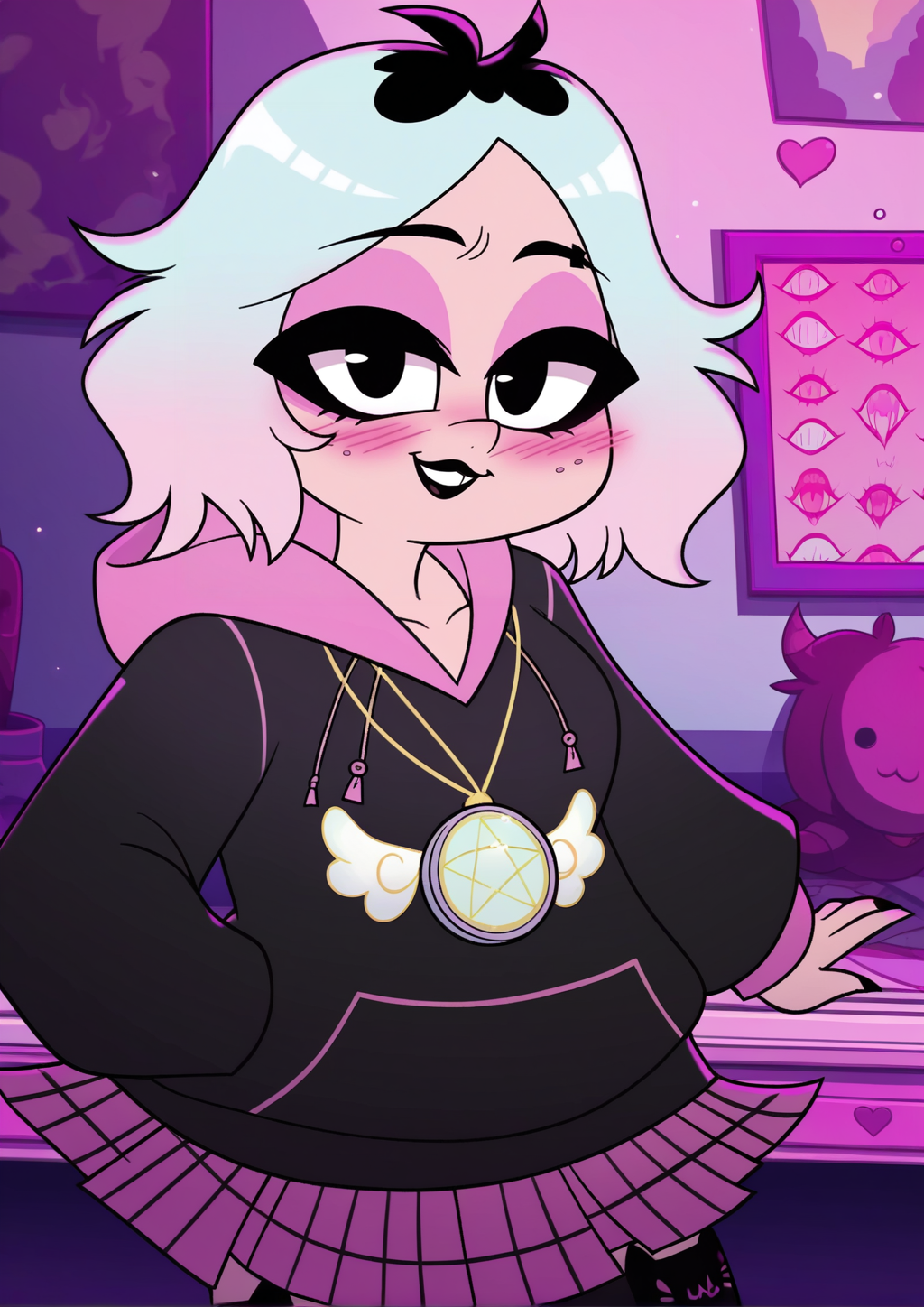 score_9, score_8_up, score_7_up, score_6_up, score_5_up, score_4_up, 1girl, solo, flat color,
<lora:Emberlynn v1:0.9> emberlynn, white hair, multicolored hair, black eyes, black lips, freckles, pink eyeshadow, shortstack, petite, short hair, black hoodie, pink hood, hood down, pink skirt, pleated skirt, plaid skirt, miniskirt, over-kneehighs, black socks, animal ear legwear, cat ear legwear, looking at viewer, light smile, upper body, blush, half-closed eyes, heart, (pendant, necklace, pentagram), parted lips,