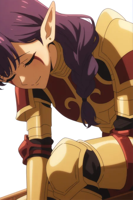 <lora:EsilRadiruV3:0.8> white background, Esil Radiru, burgundy vertical face markings, pointy elf ear with gold earring, single braid, purple hair, sitting, smile, demonic armor, cream and burgundy armor suit, segmented plates, gold trim detailing, knee plates, arm guards, anime screenshot