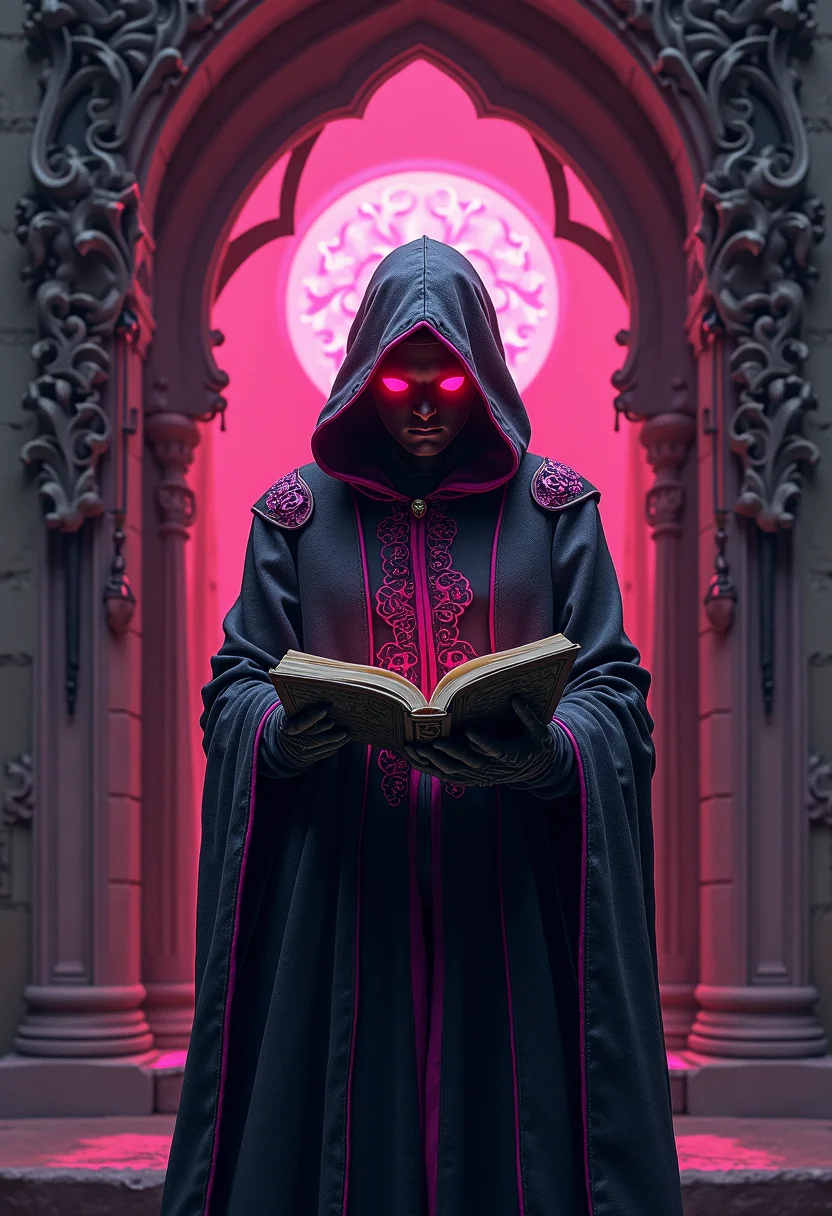 high quality, highly detailed, colorful, abstract shapes, fantasy, fantasy background, The image is a realistic photo of a dark and mysterious figure standing in front of a Gothic-style archway. The figure is wearing a hooded cloak with intricate designs and patterns on it. The cloak is black with pink and purple accents, and the figure is holding a book in their hands. The person's face is covered in red glowing eyes, giving the impression that they are reading. The background is dark and filled with a pink glow, creating a sense of mystery and intrigue. The archway is made up of intricate patterns and designs, with a large circular light emanating from the center. The overall mood of the image is ominous and ominous.<lora:FLUX\Enhancer\flux.1_lora_flyway_Epic-detail_v2.safetensors:0.8:0.8> <lora:FLUX\Style\flux.1_lora_surreal-tones_v1.safetensors:0.6:0.6>