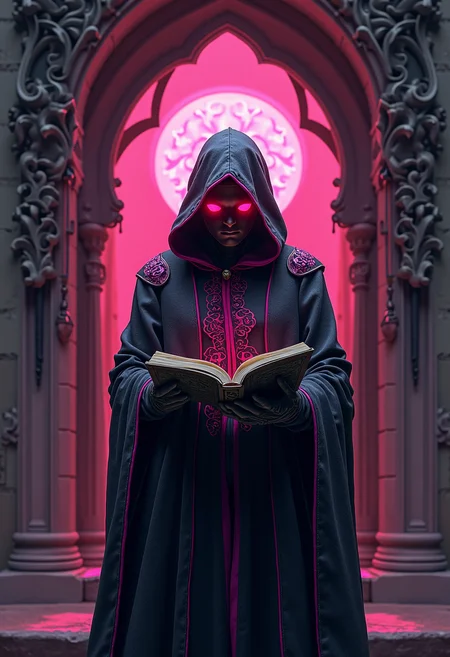 high quality, highly detailed, colorful, abstract shapes, fantasy, fantasy background, The image is a realistic photo of a dark and mysterious figure standing in front of a Gothic-style archway. The figure is wearing a hooded cloak with intricate designs and patterns on it. The cloak is black with pink and purple accents, and the figure is holding a book in their hands. The person's face is covered in red glowing eyes, giving the impression that they are reading. The background is dark and filled with a pink glow, creating a sense of mystery and intrigue. The archway is made up of intricate patterns and designs, with a large circular light emanating from the center. The overall mood of the image is ominous and ominous.<lora:FLUX\Enhancer\flux.1_lora_flyway_Epic-detail_v2.safetensors:0.8:0.8> <lora:FLUX\Style\flux.1_lora_surreal-tones_v1.safetensors:0.6:0.6>