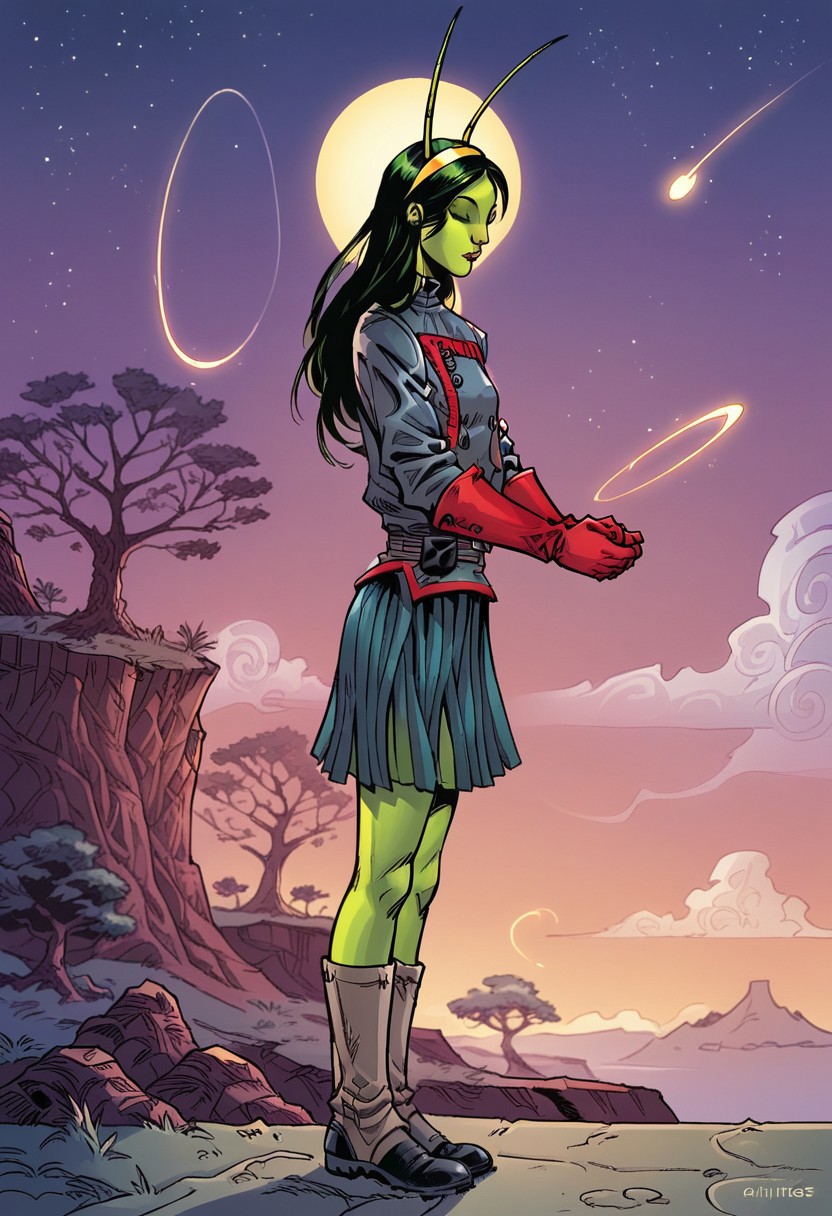 1girl, score_9, score_8_up, score_7_up, masterpiece, high quality, western cartoon, neon lighting, very detailed, depth of field, glowing lighting, full color picture, solo, alone, slender,
1girl, commantis, green skin, antennae, black eyes, green hair, yellow hairband, black hair, long hair, belt, red gloves, navy skirt, navy jacket, buttons, two tone boots, makeup, pface3, 
standing, full body, looking down, from side, somber, eyes closed, space_backround, scenery, cloud, sky, tree, star (sky),purple theme,strong colors,alien planet,on planet,outside, outdoors, hands held together, standing on planet, hand on lap,