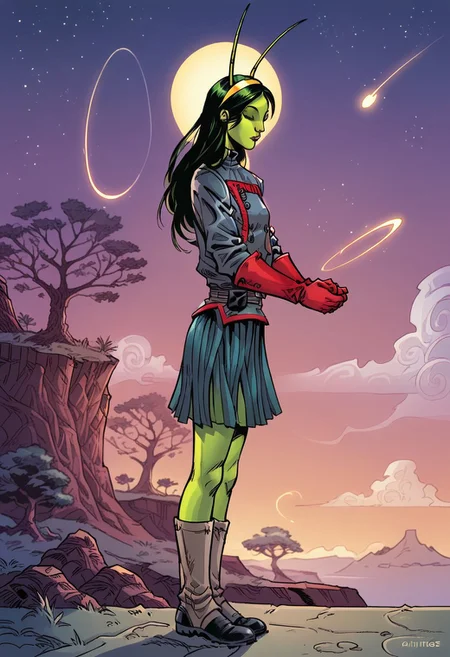 1girl, score_9, score_8_up, score_7_up, masterpiece, high quality, western cartoon, neon lighting, very detailed, depth of field, glowing lighting, full color picture, solo, alone, slender,
1girl, commantis, green skin, antennae, black eyes, green hair, yellow hairband, black hair, long hair, belt, red gloves, navy skirt, navy jacket, buttons, two tone boots, makeup, pface3,
standing, full body, looking down, from side, somber, eyes closed, space_backround, scenery, cloud, sky, tree, star (sky),purple theme,strong colors,alien planet,on planet,outside, outdoors, hands held together, standing on planet, hand on lap,