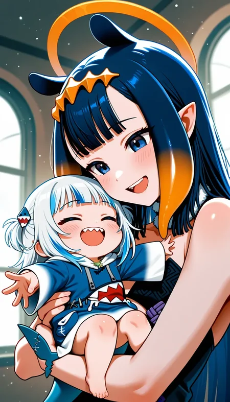 (masterpiece, best quality), safe, amazing quality, very aesthetic, absurdres, highres, newest, HDR, 8K, high detail RAW color art, 
Ninomae Ina'nis, round teeth, chibi, mini girl, happy, smile,  heads together, princess carry, gawr gura, upper body, memorable moment, dramatic lighting, particles, indoors, window,
