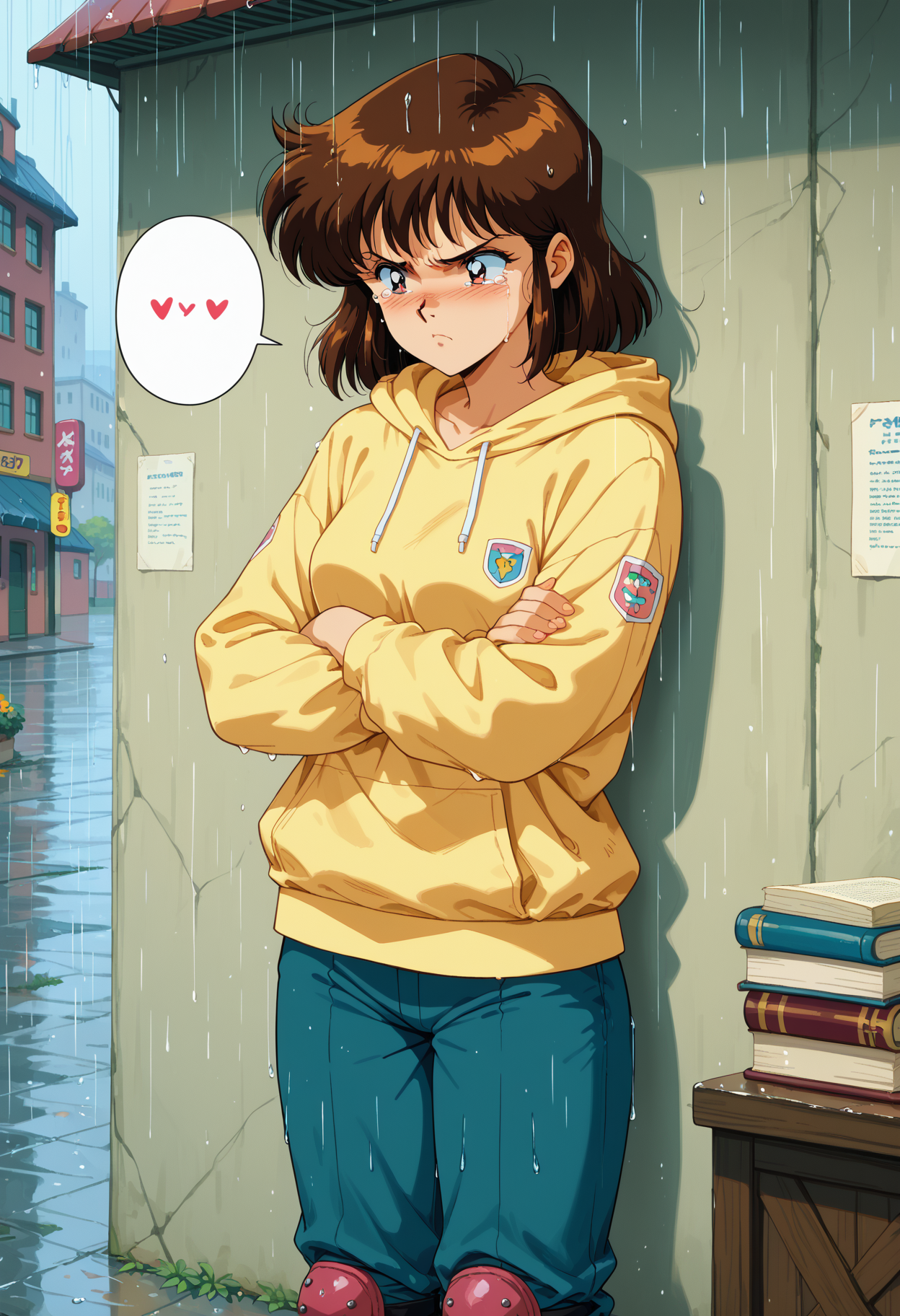score_9, score_8_up, score_7_up, anime_source, 1girl, solo, retro artstyle, Serious Detective, Tearing pants during a stretch, Playful sticking out of lower lip, Soft-spoken mentor, Cozy ramen shop on a rainy day, Urban skater outfit with hoodie and knee pads, leaning against wall, arms crossed, Open book with pressed flowers