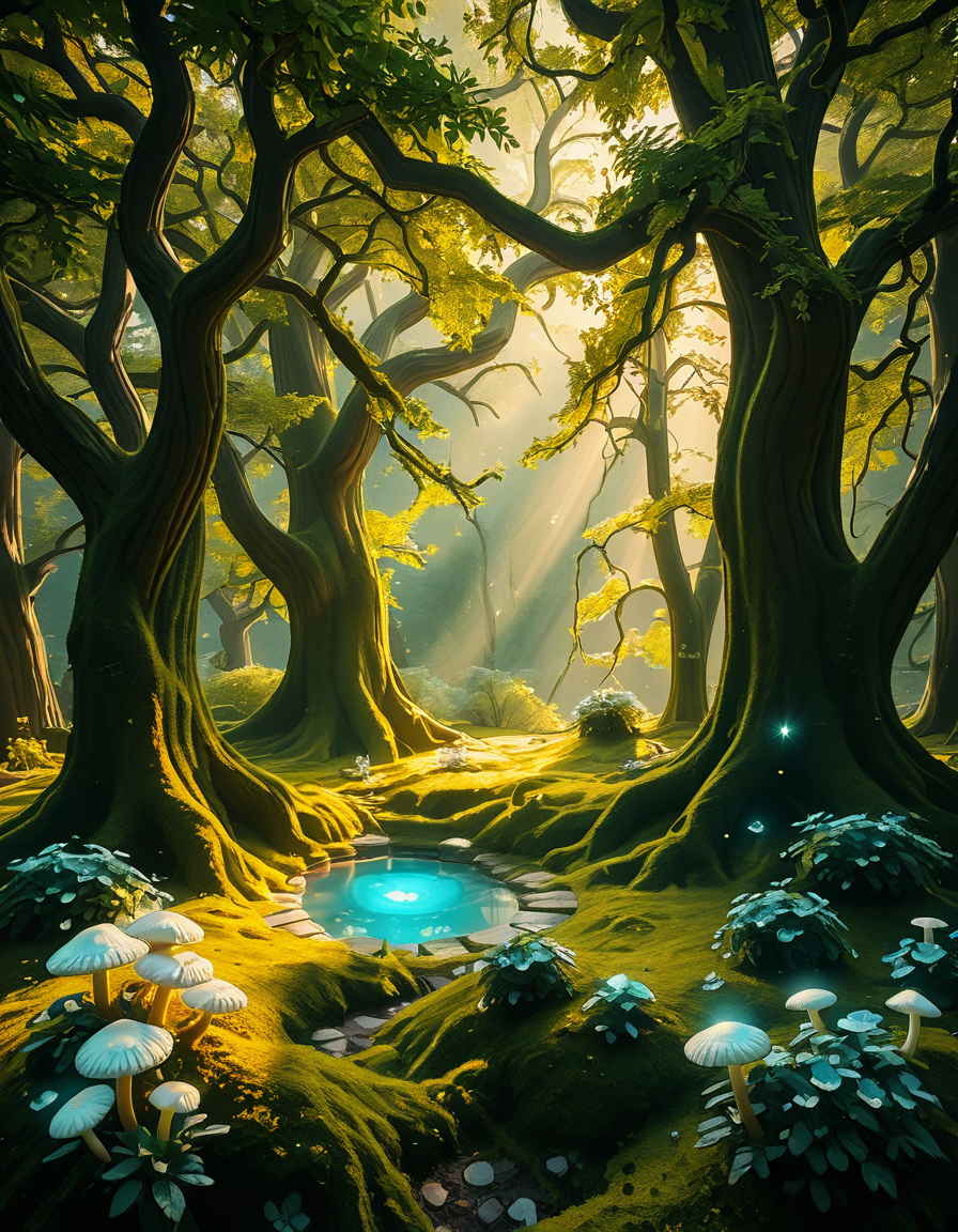 A mystical enchanted forest bathed in a soft, ethereal glow. Towering ancient trees with twisted roots and bioluminescent moss create a dreamlike atmosphere. The air is filled with a faint, magical mist that swirls gently around vibrant, oversized mushrooms and glowing blue and purple flowers. Delicate fireflies and tiny floating orbs of light hover in the air, illuminating the dense foliage with a magical shimmer. A narrow, winding path covered in soft moss leads deeper into the mysterious woodland, where faint beams of golden sunlight filter through the thick canopy, casting intricate patterns on the forest floor. The colors are rich and vibrant, with deep emerald greens, soft blues, and glowing purples creating a surreal and otherworldly ambiance. The scene is highly detailed and photorealistic, capturing the textures of the moss-covered tree trunks, the luminescent flora, and the misty, dreamlike atmosphere of the enchanted forest.
<lora:SDXLFaeTastic2400:0.4> <lora:extremely_detailed:0.4> extremely detailed,<lora:3nch4nt3d_f0r3st-ill:1>,3nch4nt3d f0r3st, Masterpiece,best quality,hi res,8k,hi res,8k,award winning,(sharp focus, intricate, highly detailed),