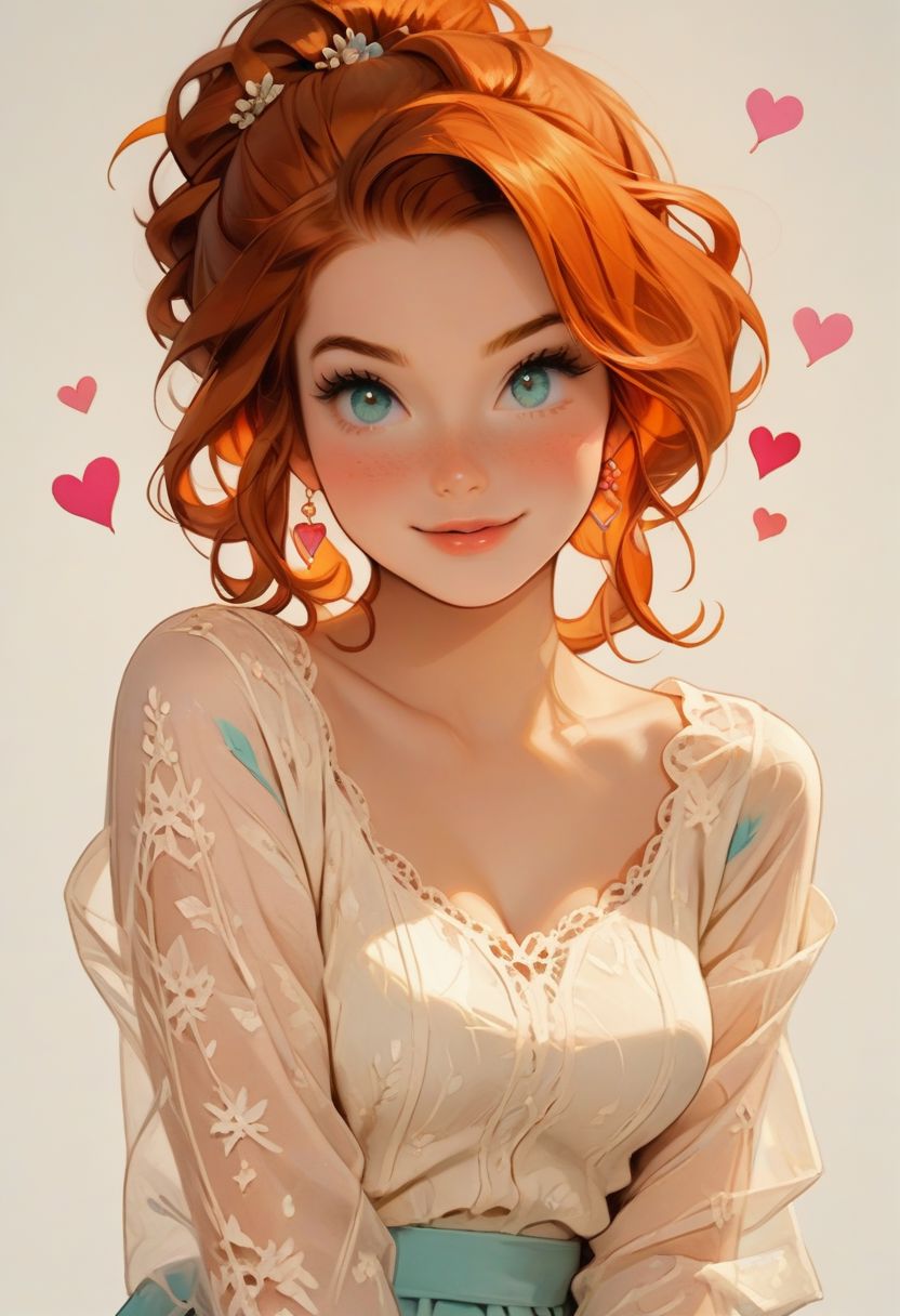 score_9,score_8_up, score_8, perfect cute face, perfect eyes, perfect hands, perfect feet, (PG-rated) 1girl, sexy 24yo redhead, freckles, updo bun, sexy pose, teasing, rompers with thigh high lace stocking and cute mules, medium perfectly round breasts, looking directly at viewer, hourglass body,highest quality,yuri-style, cute, hearts, bright colours, candy, hands behind back